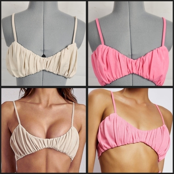 Meshki Jordan Ruched Front V Neck Bralette Crop Top 2 Bundle Set Pink & Stone XS - Picture 1 of 16